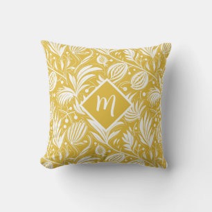 Tropical Yellow Floral Pattern Diamond Monogram  Cushion