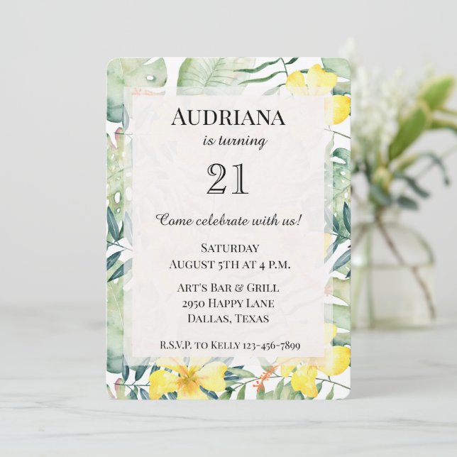 Tropical Yellow Hibiscus Floral Leaves Birthday Invitation (Standing Front)