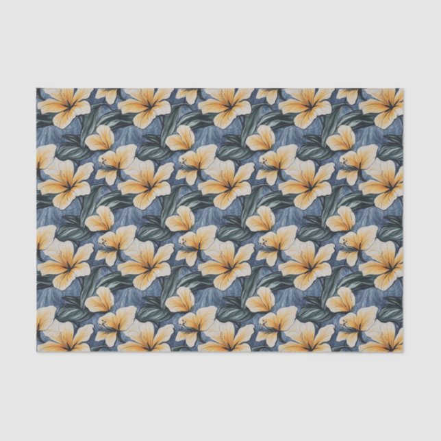 Tropical Yellow Hibiscus Floral On Blue Background Tissue Paper (Front)