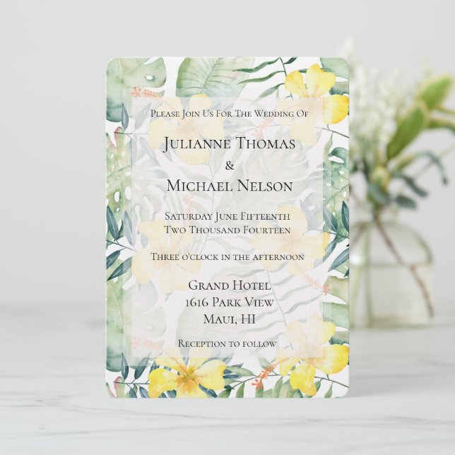 Tropical Yellow Hibiscus Floral Wedding Invitation (Standing Front)