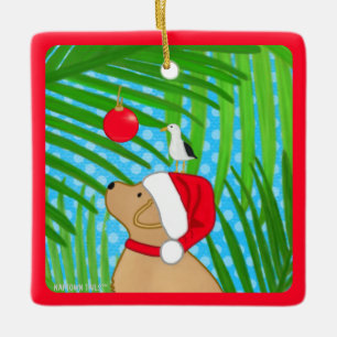 Tropical Yellow Lab Santa Dog Christmas Ornament