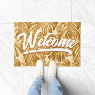 Tropical Yellow Leaves Boho Script Welcome  Doormat