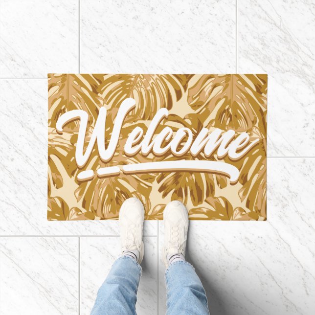 Tropical Yellow Leaves Boho Script Welcome  Doormat (Indoor)