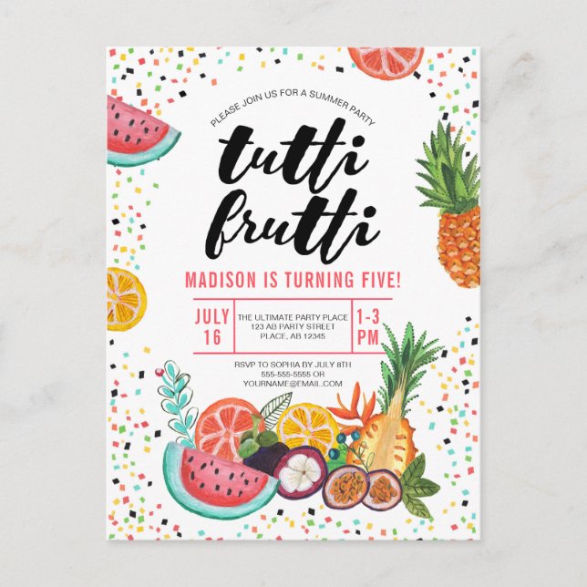 Tropical yellow multi colour Tutti Frutti fruit Invitation Postcard (Front)