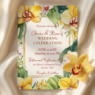Tropical Yellow Orchid and Greenery Gold Wedding Invitation