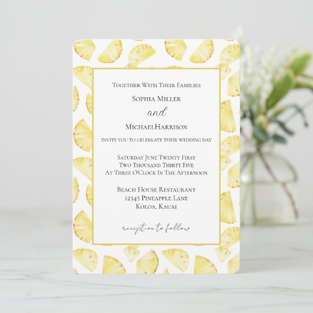 Tropical Yellow Pineapples Wedding   Invitation (Standing Front)