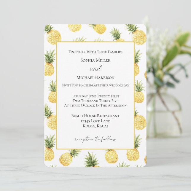 Tropical Yellow Pineapples Wedding   Invitation (Standing Front)