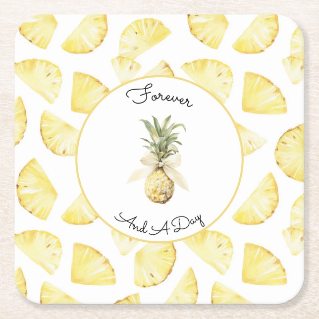 Tropical Yellow Pineapples Wedding Square Paper Coaster (Front)