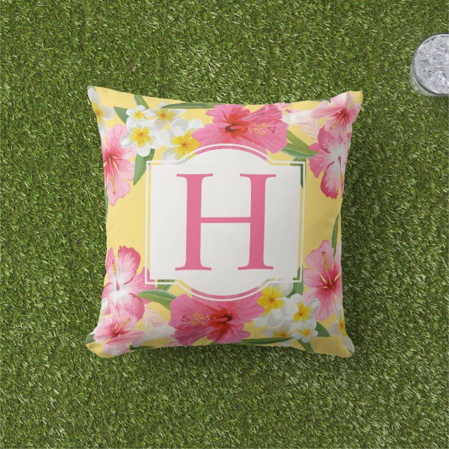 Tropical Yellow Pink Flowers Custom Monogram Outdoor Cushion (Grass)