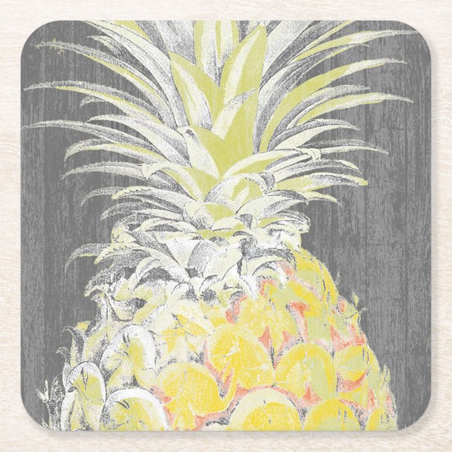 Tropical Yellow Pinneapple Square Paper Coaster (Front)