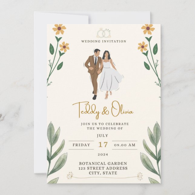 Tropical yellow ribbon border bouquet invitation (Front)