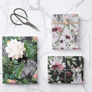 Tropical zebra alpaca grey pink black floral leaf Wrapping Paper Sheet