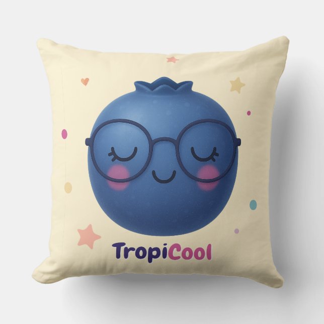 TropiCool Blueberry – Kawaii Fruit Throw Pillow (Front)