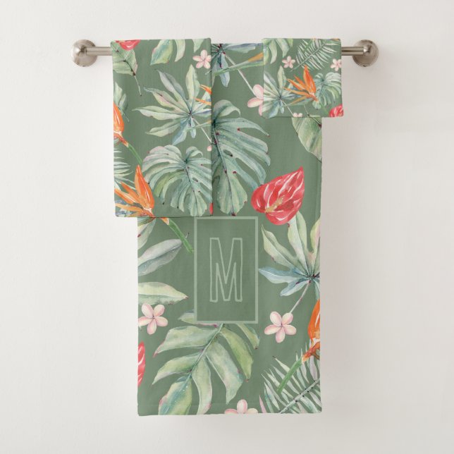 Tropics Flower and Foliage Fantasy with Monogram Bath Towel Set (Insitu)
