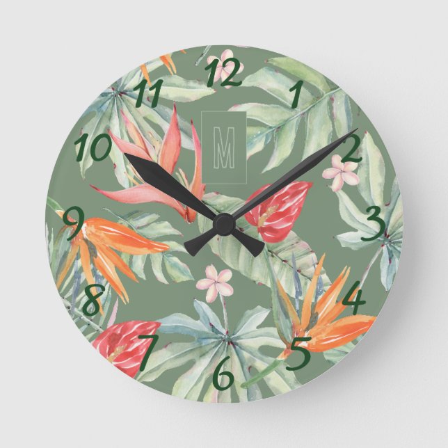 Tropics Flower Foliage Fantasy with Monogram Round Clock (Front)