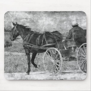 Trot Away Amish Horse in Black and White Mouse Mat