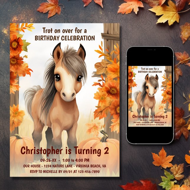 Trot on Over Cute Autumn Horse Fall Birthday Invitation (Printed and Digital - Trot on Over Cute Autumn Horse Fall Birthday Invitation)