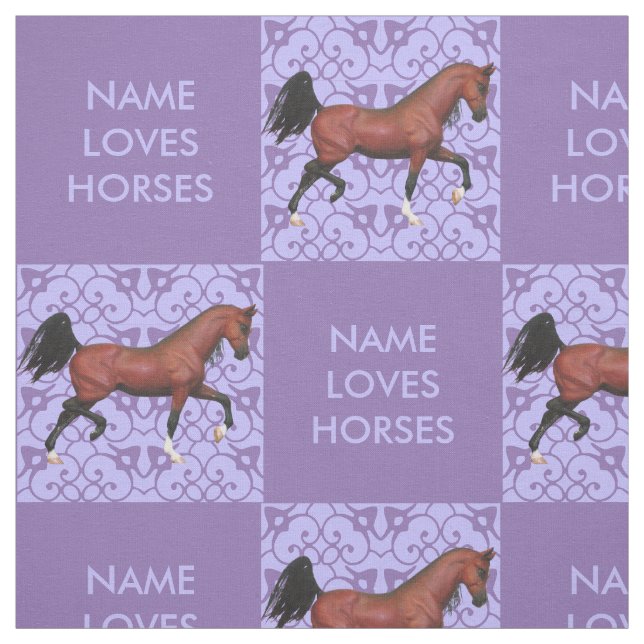 Trotting Bay Arabian Horse Purple Pattern Fun Fabric (Swatch)