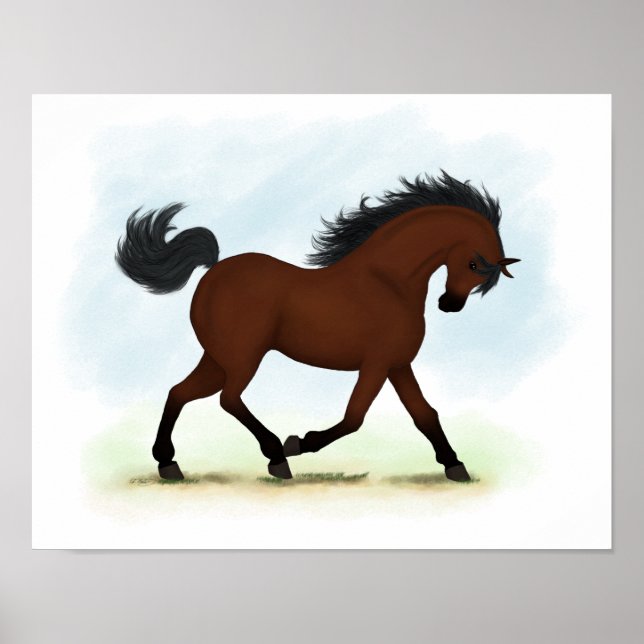Trotting Bay Horse Equestrian Pony Poster (Front)