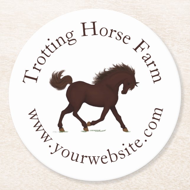 Trotting Brown Horse Circular Text Equestrian Round Paper Coaster (Front)