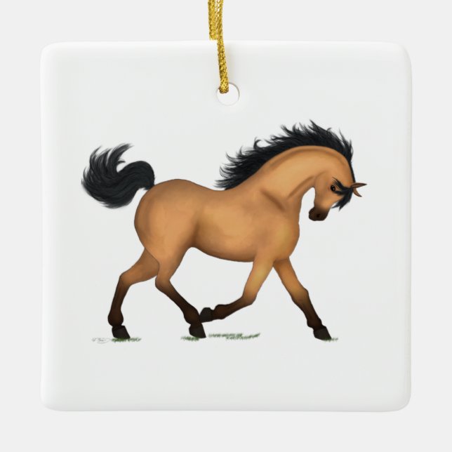 Trotting Buckskin Dun Horse Personalised Christmas Ceramic Ornament (Front)