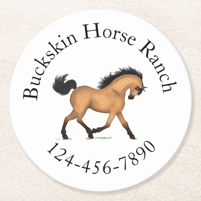 Trotting Buckskin Horse Circular Text Equestrian Round Paper Coaster (Front)