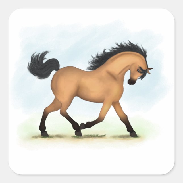 Trotting Buckskin Horse Equestrian Square Sticker (Front)
