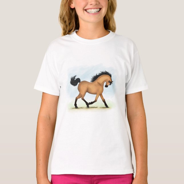 Trotting Buckskin Horse Equestrian T-Shirt (Front)