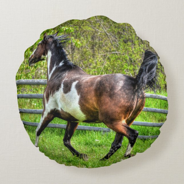 Trotting Pinto Paint Stallion on a Horse Ranch Round Cushion (Back)