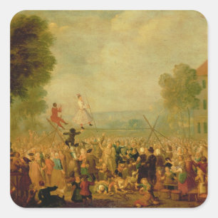 Troupe of Actors Performing on a Tightrope Square Sticker