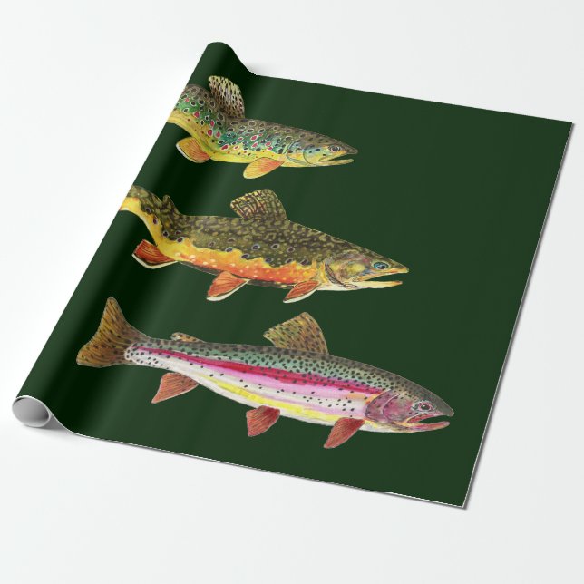 Trout Fishing - Brook, Brown, Rainbow Wrapping Paper (Unrolled)
