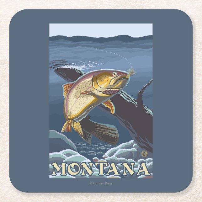 Trout Fishing Cross-Section - Montana Square Paper Coaster (Front)