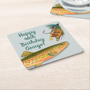 Trout Fly Fishing Adult Birthday Personalised Square Paper Coaster