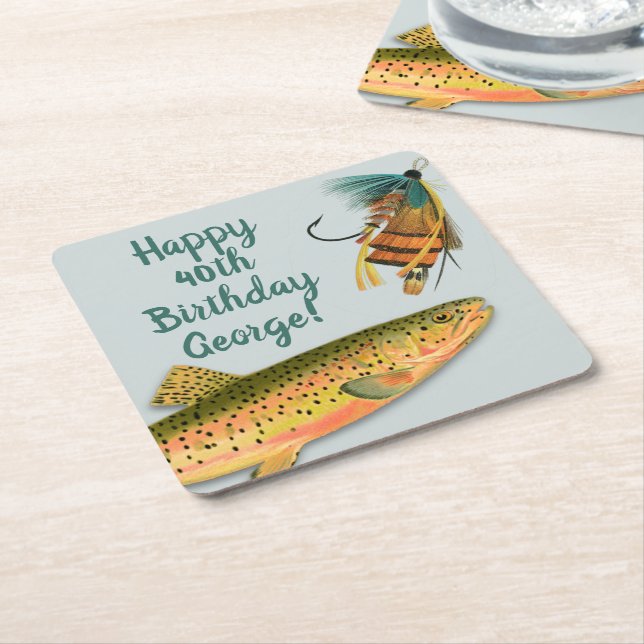 Trout Fly Fishing Adult Birthday Personalised Square Paper Coaster (Angled)