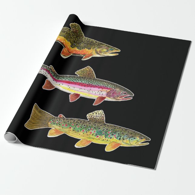 Trout Fly Fishing - Brook, Brown, Rainbow Wrapping Paper (Unrolled)