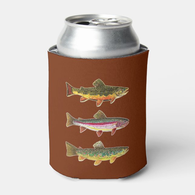 Trout Fly Fishing - Brook, Rainbow, Brown Angler's Can Cooler (Can Front)