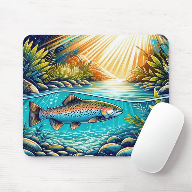  Trout in Crystal Clear River Beneath Lush Forest  Mouse Mat (With Mouse)