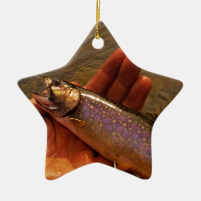 Trout in Hands Ceramic Tree Decoration (Front)