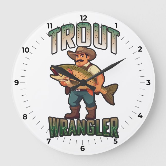 Trout Wrangler cartoon vector illustration  Large Clock (Front)