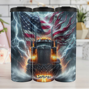 Truck Amidst Lightning and American Flag Thermal Tumbler