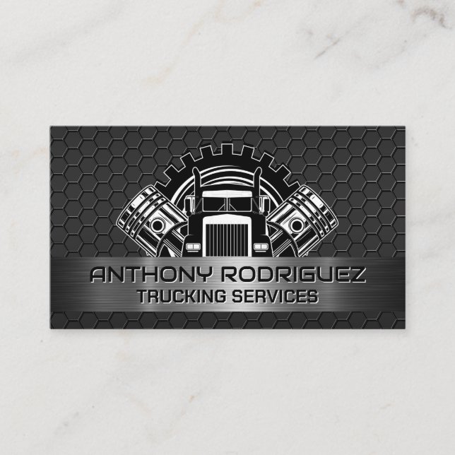 Truck and Pistons | Steel Industrial Business Card (Front)