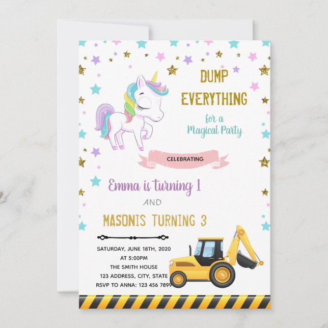 truck and unicorn joint birthday invitation (Front)