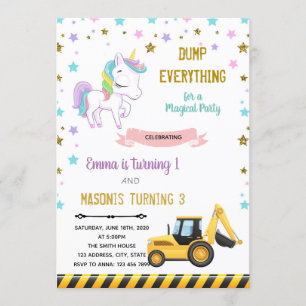 truck and unicorn joint birthday invitation