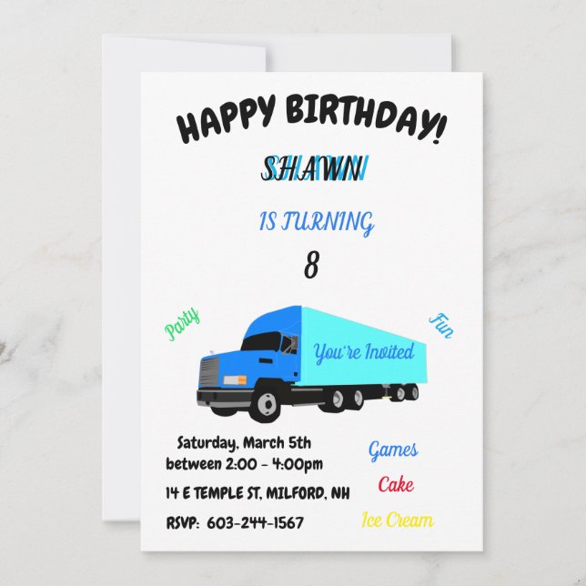 "Truck" Birthday Invitation for kids (Front)