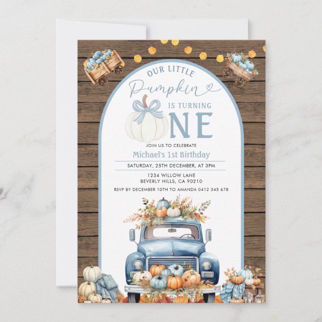 Truck Blue Pumpkin 1st Birthday Autumn Rustic Wood Invitation (Front)