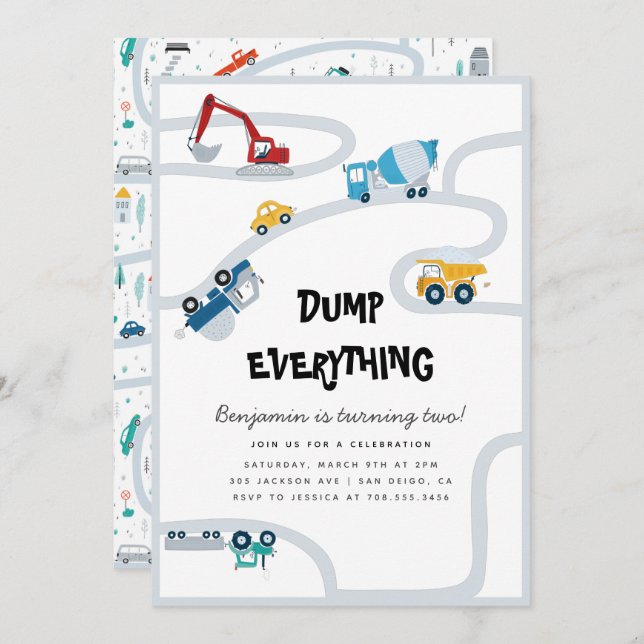 Truck Boy Second Birthday Party Dump Everything  Invitation (Front/Back)