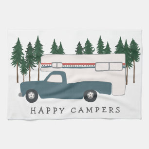 Truck Camping RVing Motorhome BLUE Trees Whimsical Tea Towel