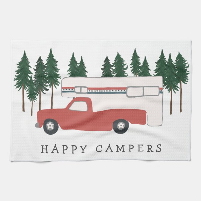 Truck Camping RVing Motorhome Red Trees Whimsical Tea Towel (Horizontal)