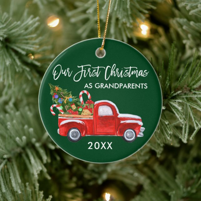 Truck Candy First Christmas as Grandparents Green Ceramic Tree Decoration (Tree)