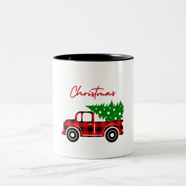 Truck Christmas, mockups Red Black Green Two-Tone Coffee Mug (Center)
